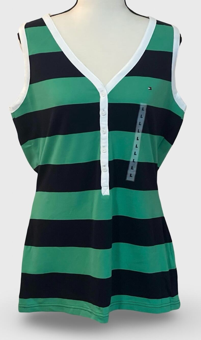 Vintage Tommy Hilfiger Women's Striped Green/Blue Sleeveless Top, Size L, NOS